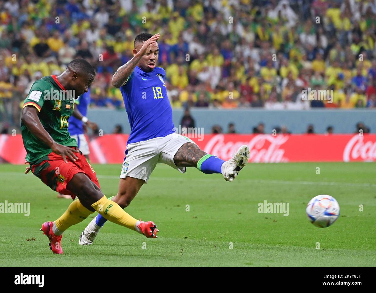 Lusail, Qatar. 2nd Dec, 2022. Collins Fai of Cameroon shoots past Gabriel Jesus of Brazil during their Group G match at the 2022 FIFA World Cup at Lusail Stadium in Lusail, Qatar, Dec. 2, 2022. Credit: Chen Cheng/Xinhua/Alamy Live News Stock Photo