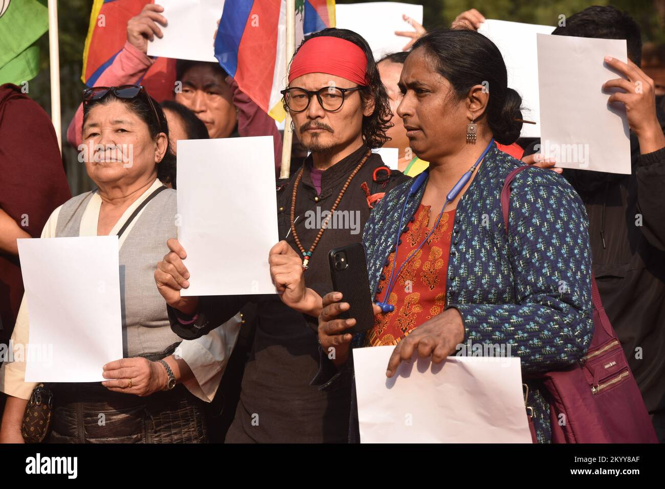 India. 02nd Dec, 2022. NEW DELHI, INDIA - DECEMBER 2: Indian activist Kavita Krishnan with Tibetan activist Tenzin Tsundue and other Tibetan in Exile activists hold blank white paper protest organized by Tibetan Youth Congress in solidarity with the on-going 'White Paper' protests against Chinese government's continued zero-COVID policies at Jantar Mantar on December 2, 2022 in New Delhi, India. (Photo by Sonu Mehta/Hindustan Times/Sipa USA) Credit: Sipa USA/Alamy Live News Stock Photo