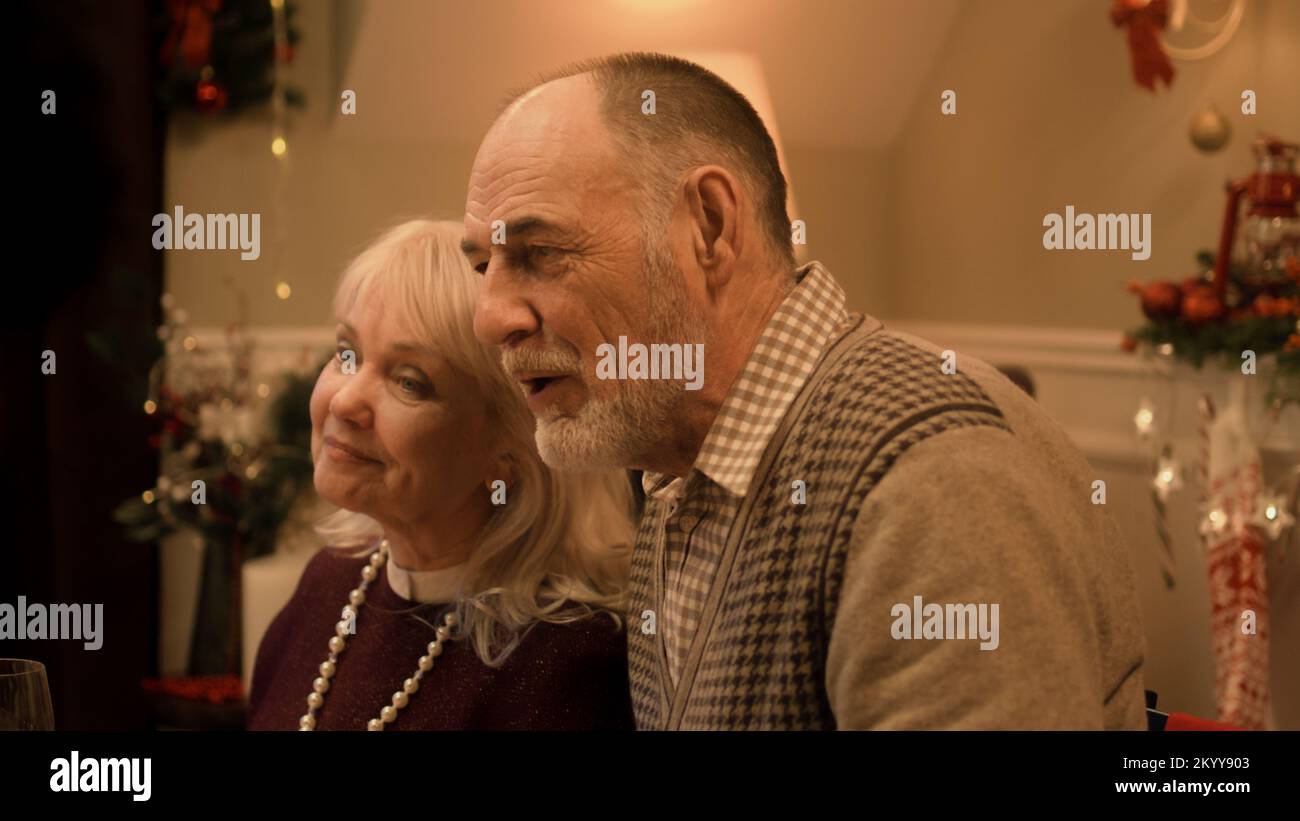 Happy senior couple laughing and talking to family. Grandparents celebrating Christmas or New Year 2023. Warm atmosphere of family Christmas dinner at home. Christmas room decoration. Stock Photo