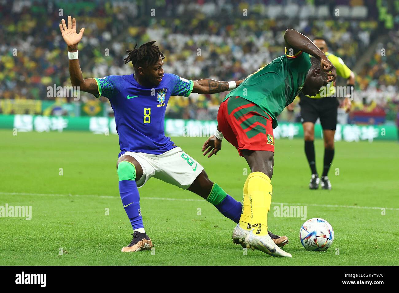 Doha, Qatar. 02nd Dec, 2022. Vincent Aboubakar (R) of Cameroon in action with Fred of Brazil during the 2022 FIFA World Cup Group G match at Lusail Stadium in Doha, Qatar on December 02, 2022. Photo by Chris Brunskill/UPI Credit: UPI/Alamy Live News Stock Photo