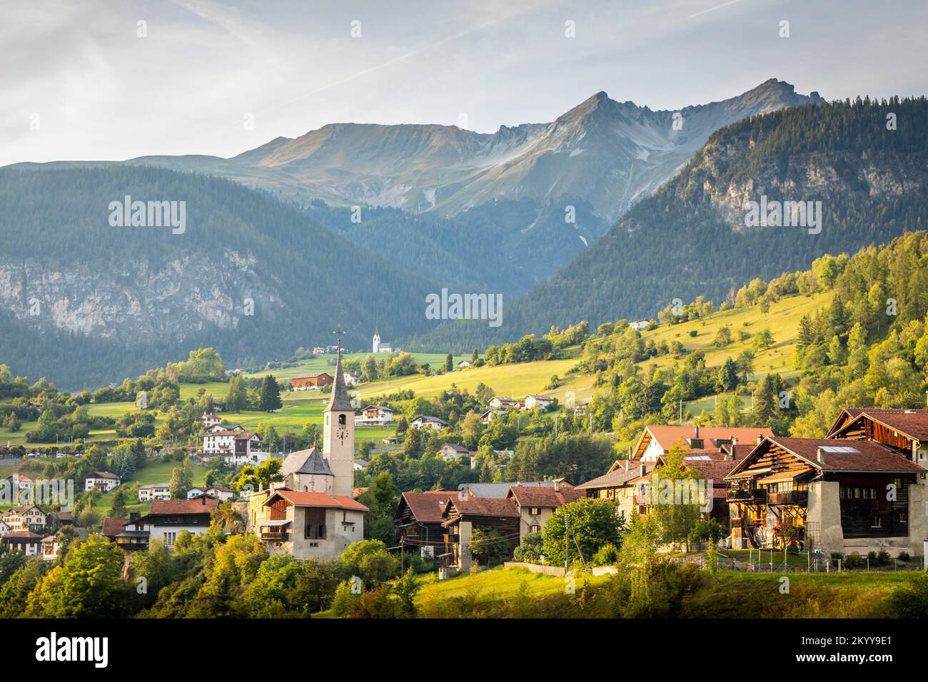 Idyllic landscape of Filisur village, Engadine, Swiss Alps, Switzerland Stock Photo