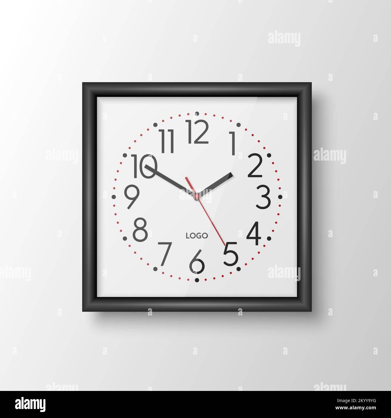 Vector 3d Realistic Black Square Wall Office Clock, Design Template