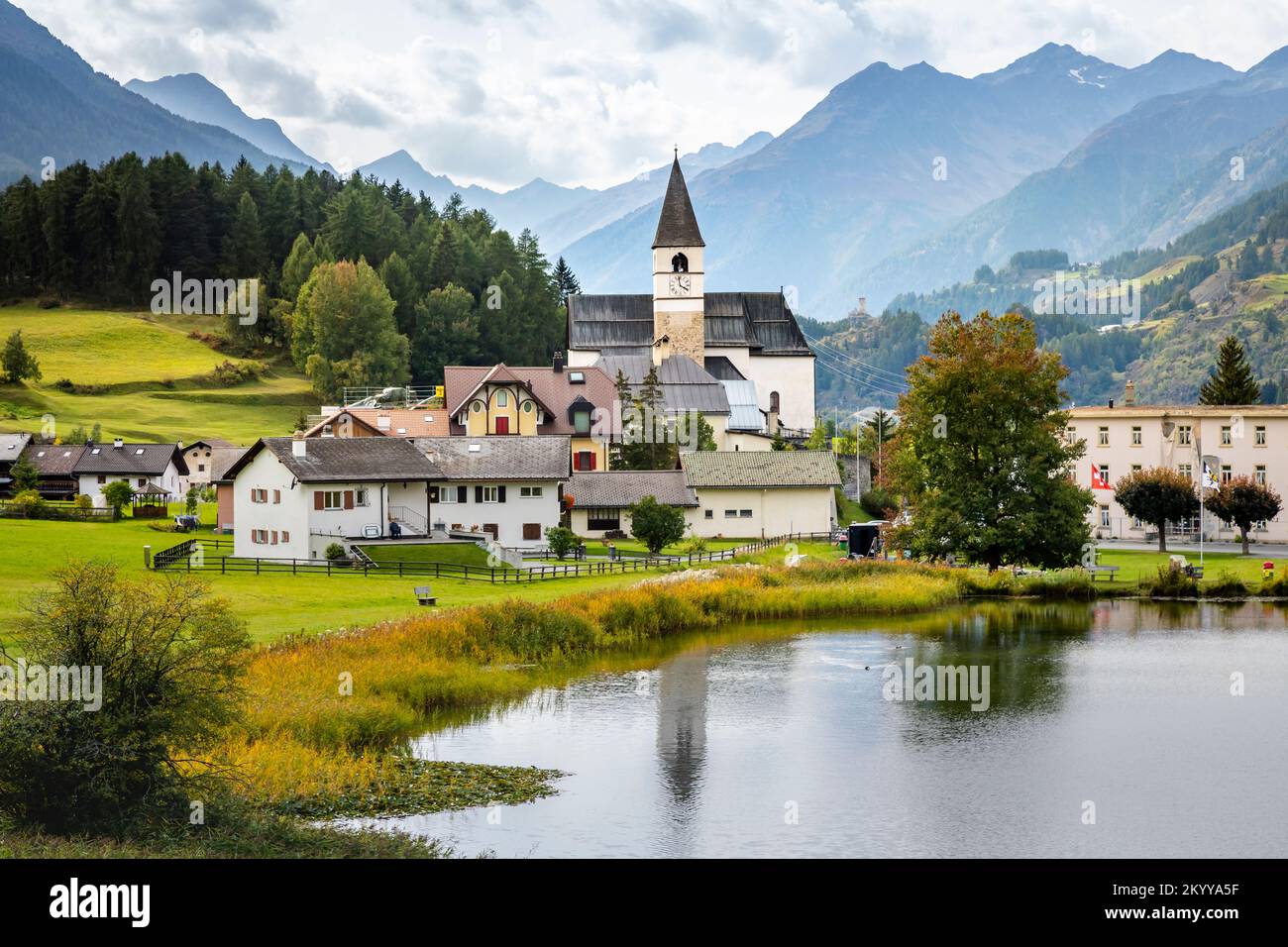 Idyllic landscape of Scuol Tarasp village, Engadine, Swiss Alps, Switzerland Stock Photo