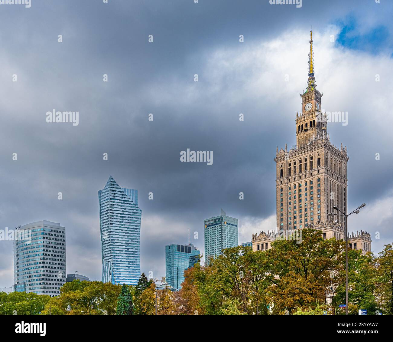 Warsaw. View of the Palace of Culture and Science, the center of Warsaw. In the background, the tall buildings of downtown Warsaw. Stock Photo