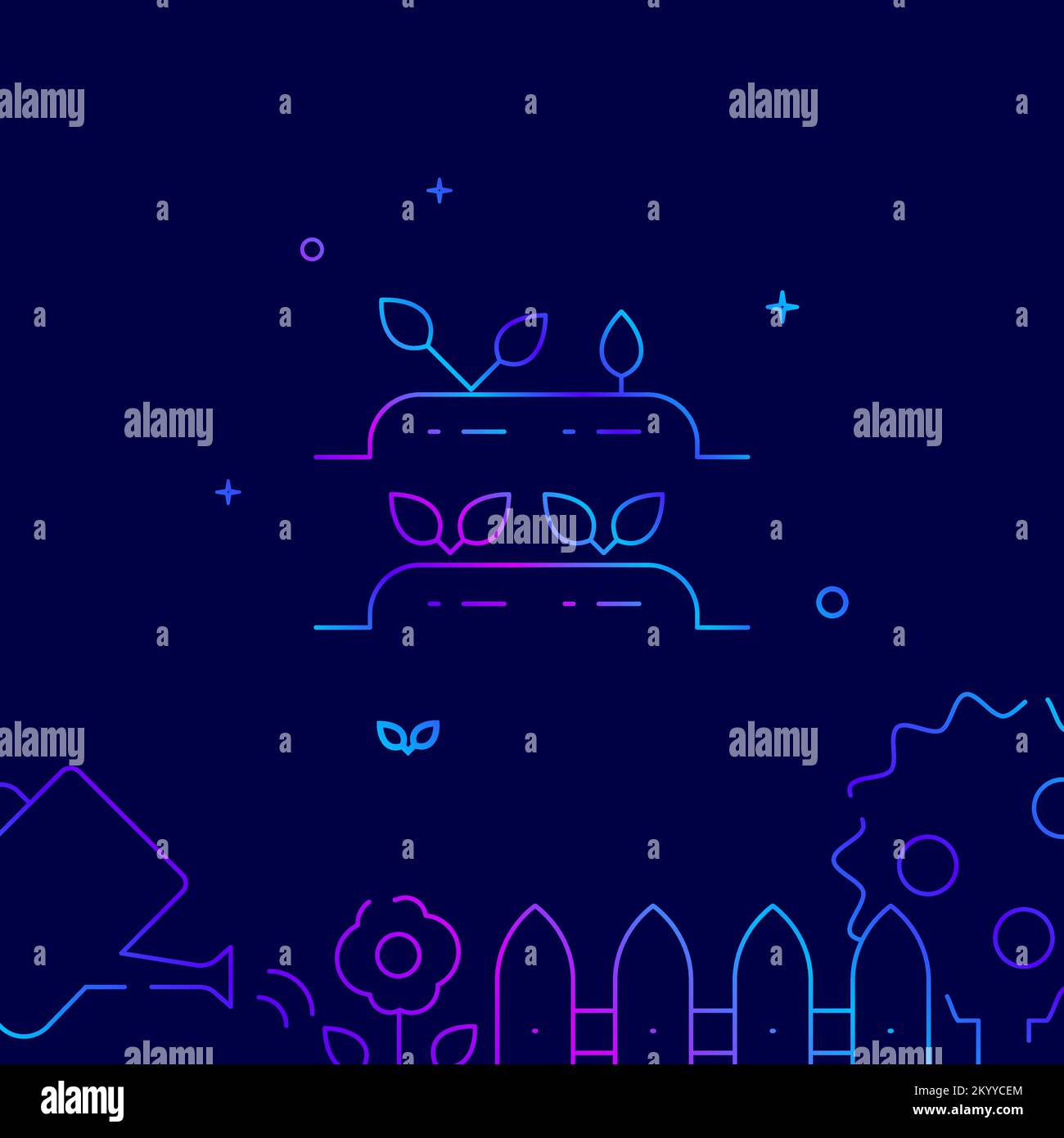 Beds with seedlings gradient line vector icon, simple illustration on a dark blue background, garden, farm related bottom border. Stock Vector