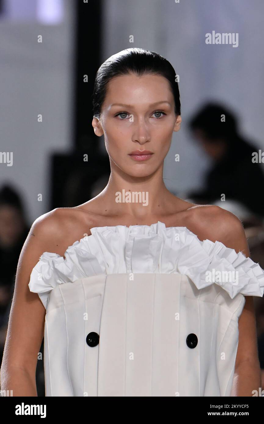 Bella Hadid on the runway at the Sacai fashion show during the Spring