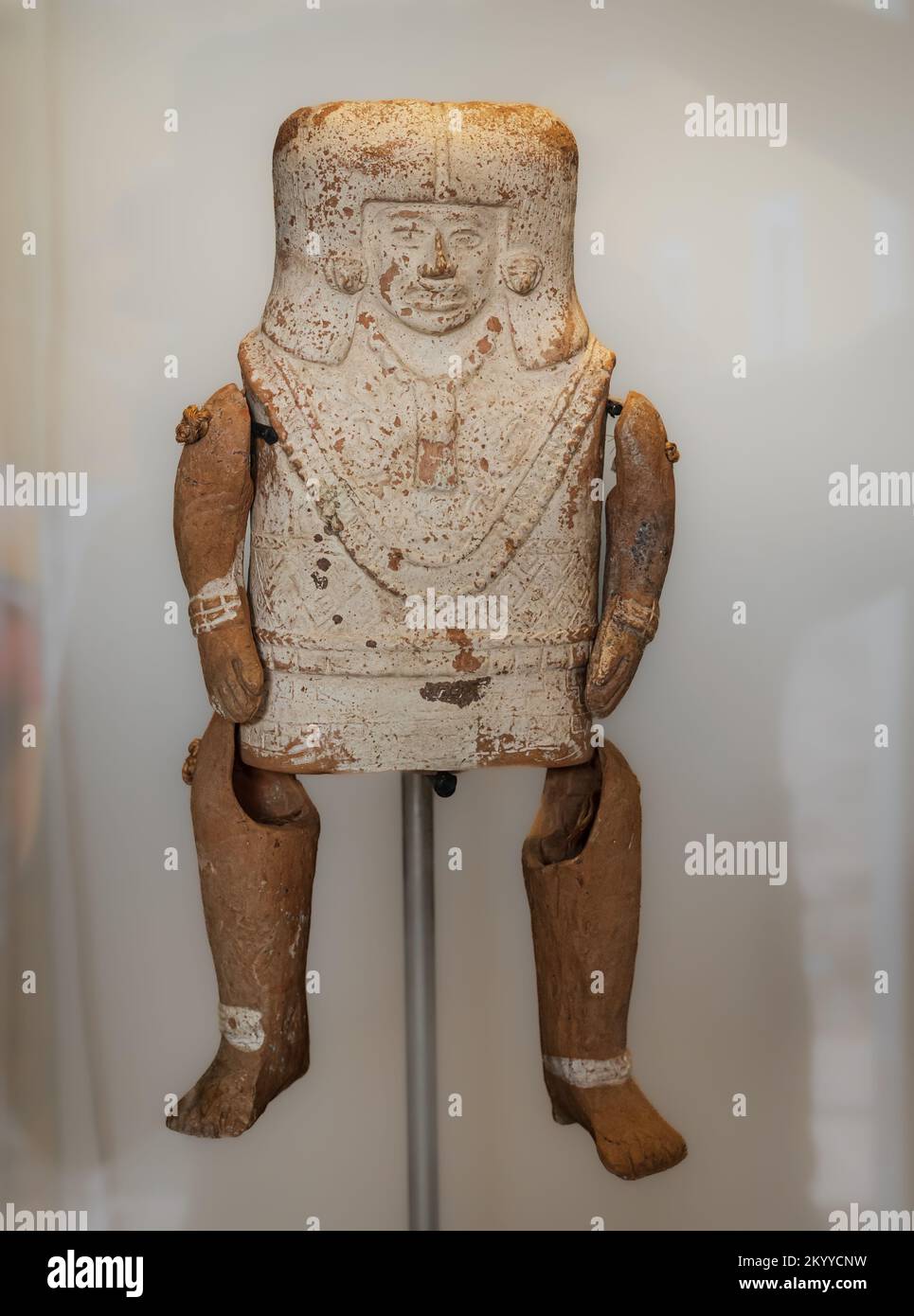 Articulated Ceramic  figure of a Maya woman wearing a traditional embroided hipil.  Jaina, Campeche, Mexico. Stock Photo