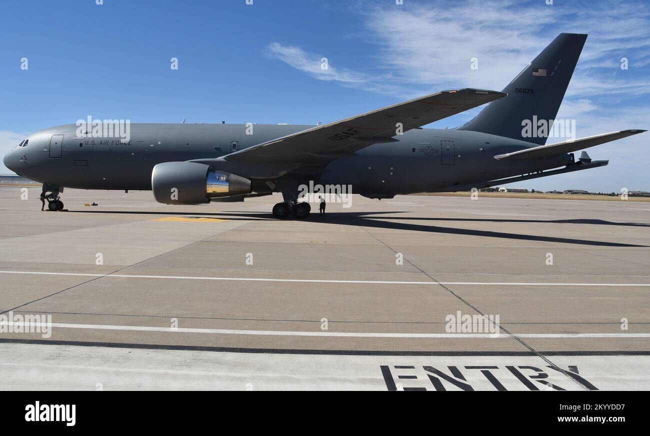 A KC46A Pegasus taxis down the McConnell Air Force Base, Kansas, flightline after its delivery