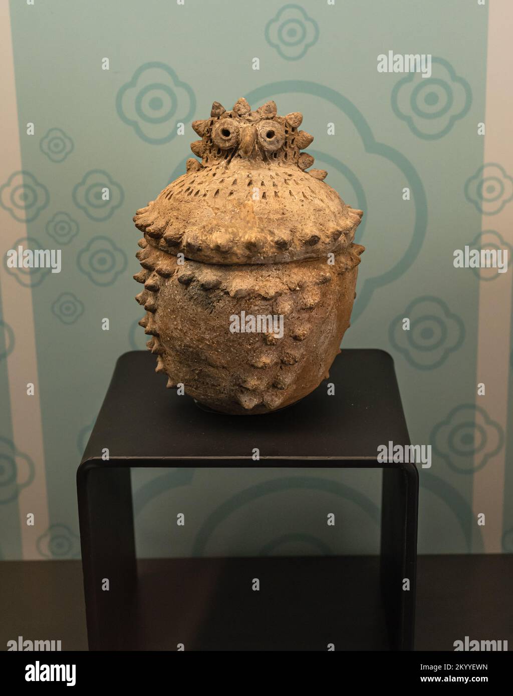 Ceramic Mayan owl shaped vase from the late classic period, exhibited in Campeche, Mexico. Stock Photo