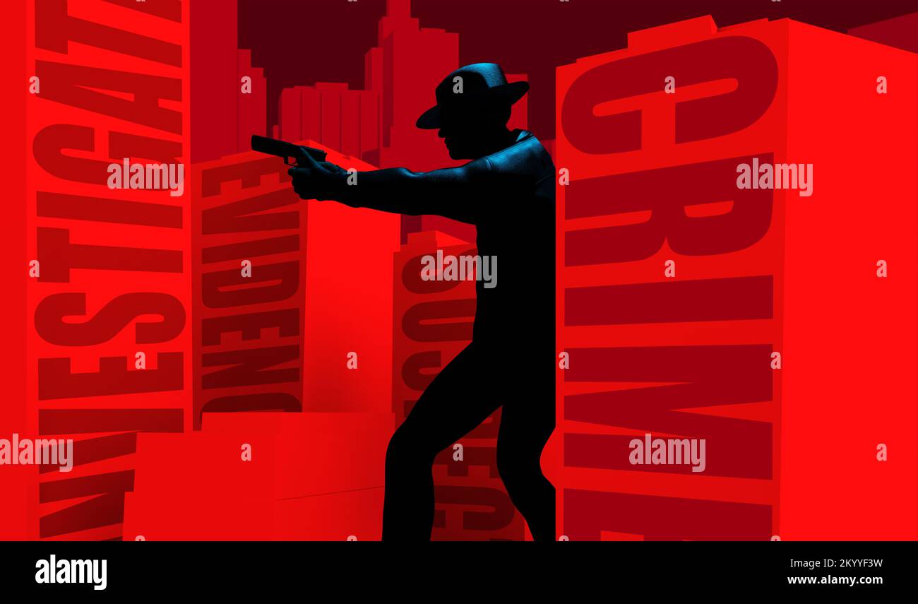 3d render noir illustration of aiming and walking armed detective walking amongst red toned buildings with words. Stock Photo