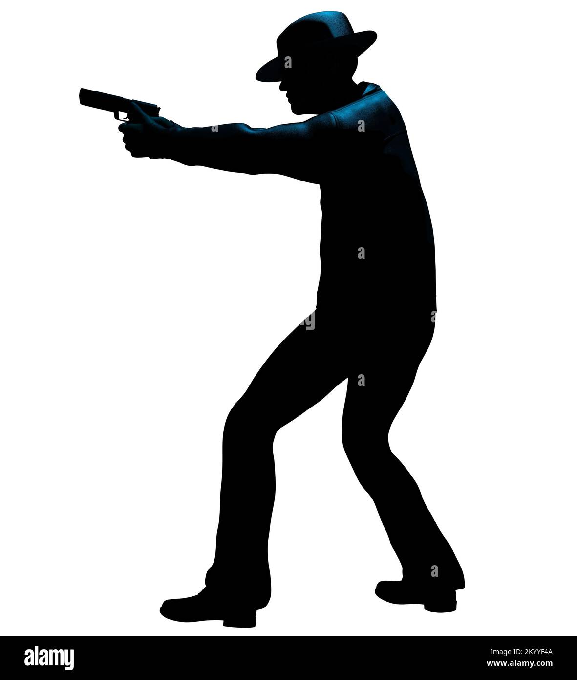 Isolated 3d render illustration of male detective or mobster with gun silhouette walking side view on white background. Stock Photo