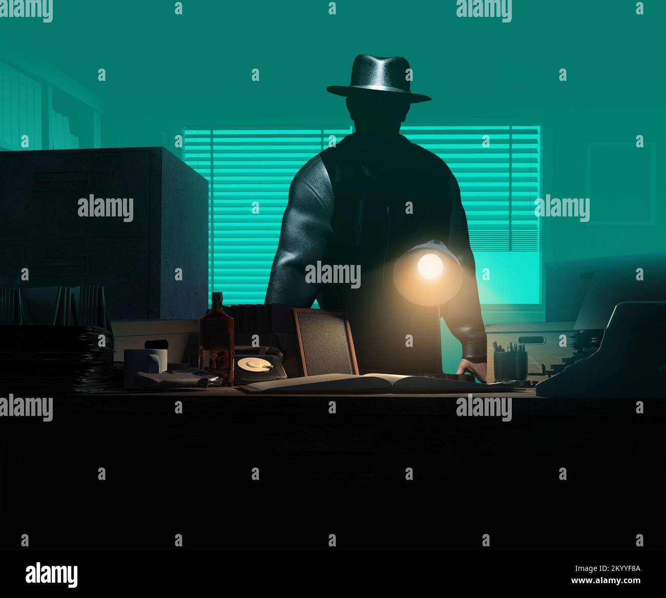 3d render illustration of male detective in hat and jacket leaning on table workspace on dark misty blue colored room with shades background. Stock Photo