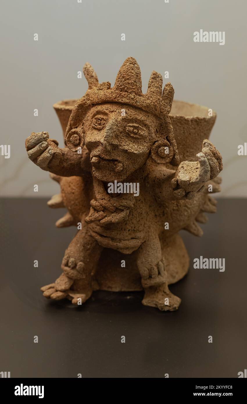 Incense burner depicting the Maya creator God Itzamnaaj, found in Calakmul, Campeche. Piece from the Early classic period. Stock Photo