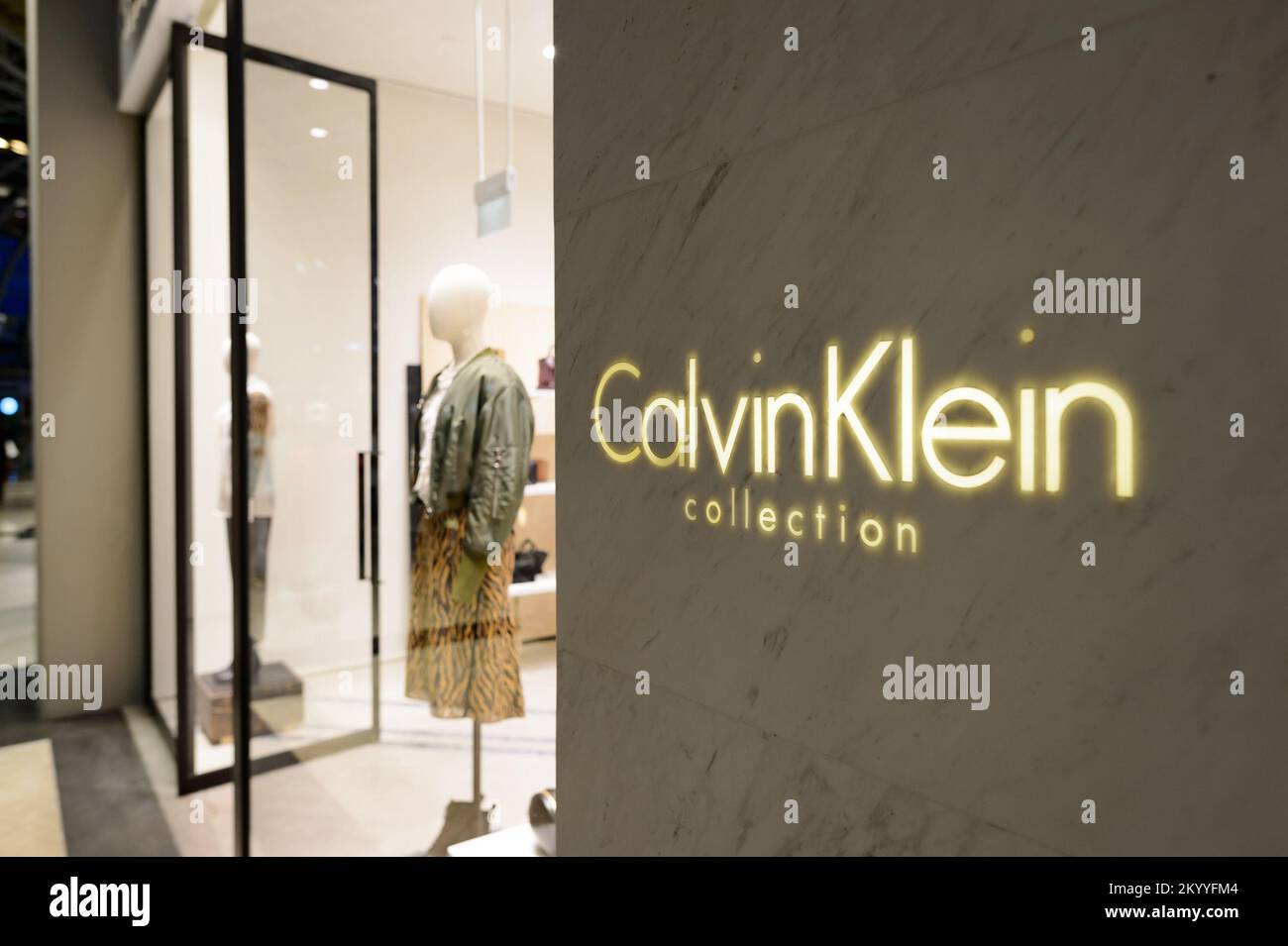 SINGAPORE - NOVEMBER 08, 2015: Calvin Klein store in The Shoppes at Marina Bay Sands. Calvin Klein Inc. is an American fashion house founded by the fa Stock Photo