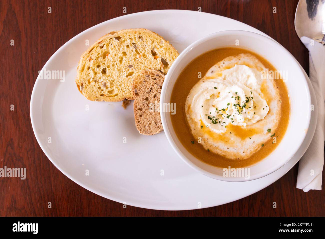 Overhead view of Icelandic lobster soup, a delicacy in Iceland. Served