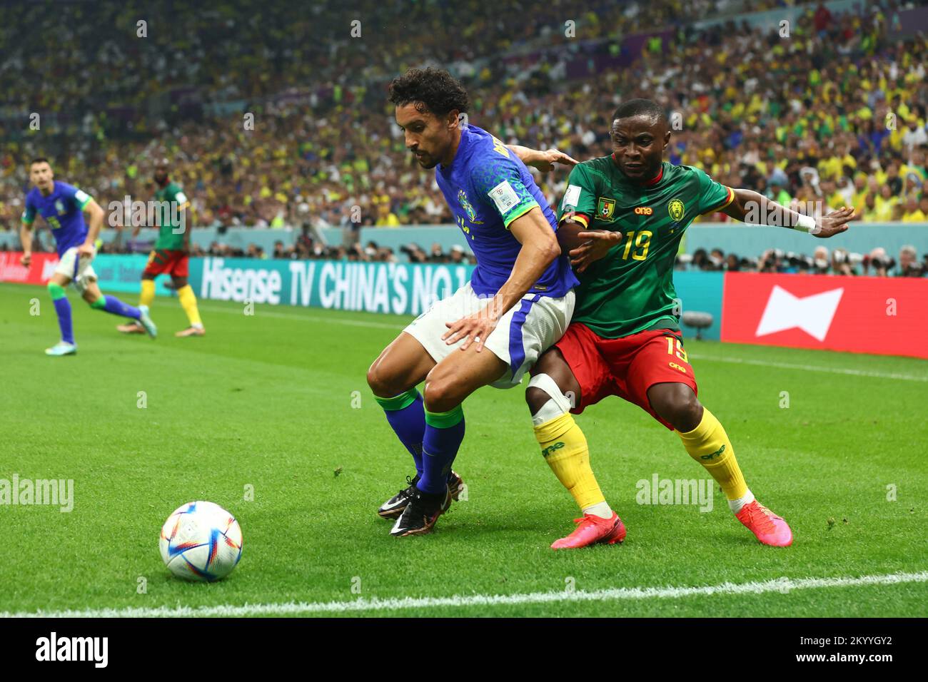 Doha, Qatar. 02nd Dec, 2022. Collins Fai (R) of Cameroon in action with Marquinhos of Brazil during the 2022 FIFA World Cup Group G match at Lusail Stadium in Doha, Qatar on December 02, 2022. Photo by Chris Brunskill/UPI Credit: UPI/Alamy Live News Stock Photo