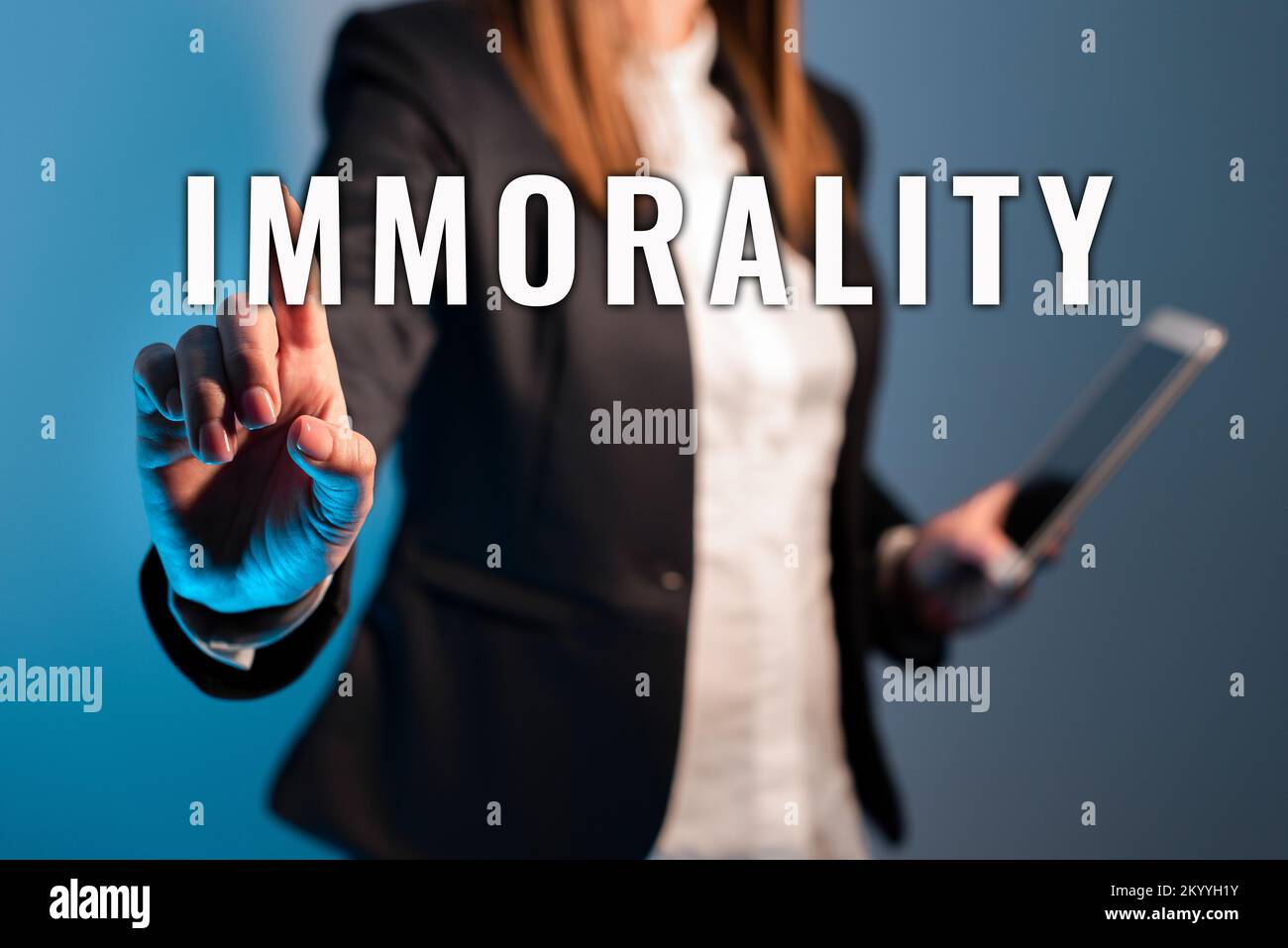 Conceptual display Immorality. Word Written on the state or quality of being immoral, wickedness Stock Photo