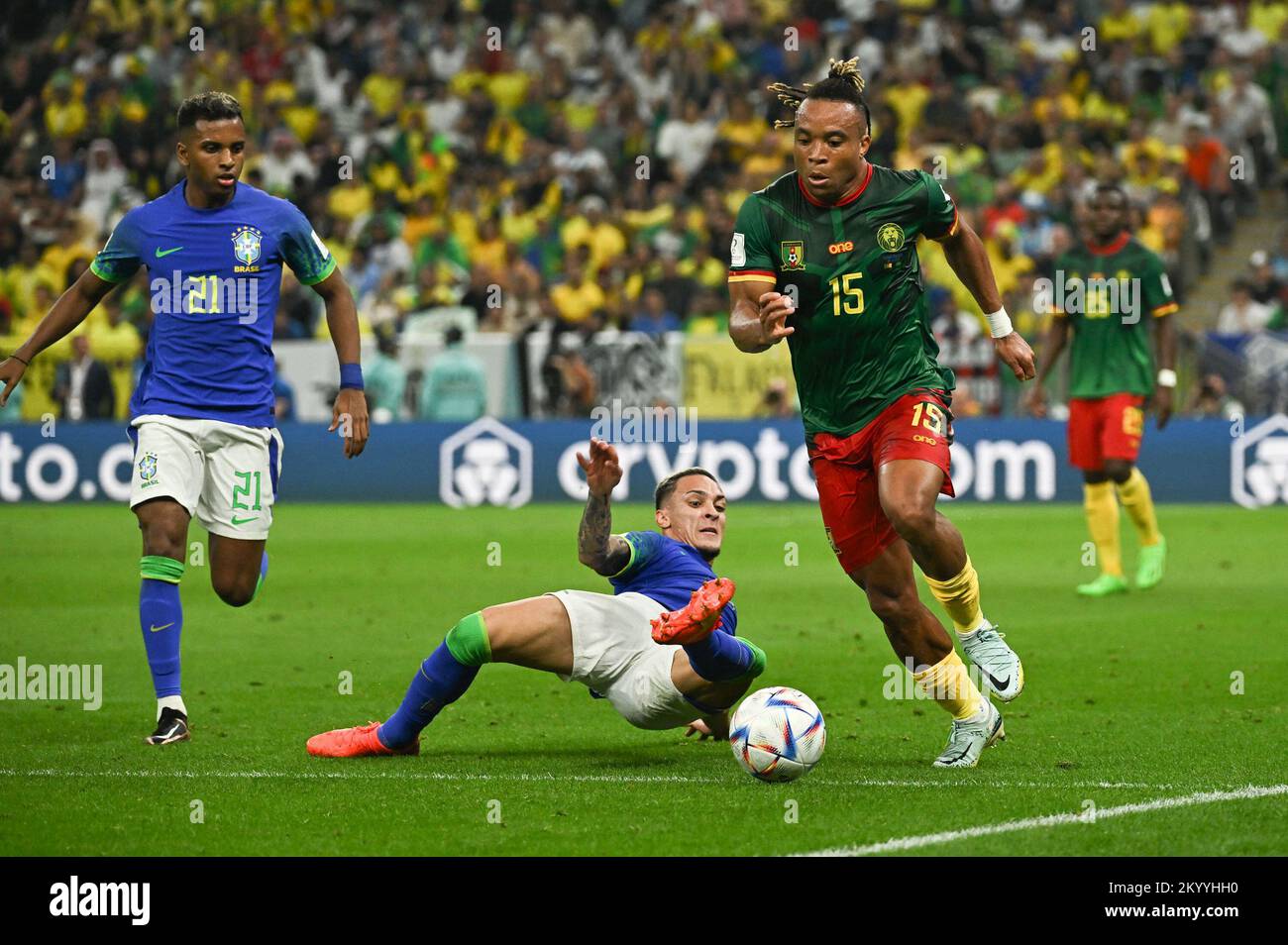 Doha, Qatar. 02nd Dec, 2022. Antony of Brazil and Pierre Kunde of Cameroun during Cameroon v Brazil match of the Fifa World Cup Qatar 2022 at Lusail Stadium in Doha, Qatar on December 2, 2022. Photo by Laurent Zabulon/ABACAPRESS.COM Credit: Abaca Press/Alamy Live News Stock Photo