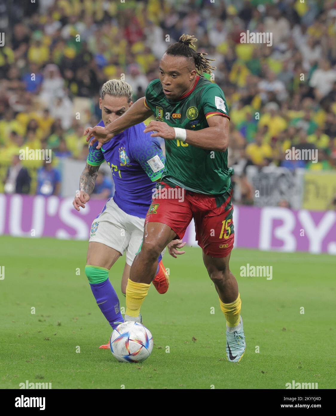 Qatar, Doha. 2nd Dec, 2022. Football World Cup 2022: Qatar :.Match #48 Cameroon - Brazil at Lusail Stadium.Cameroon 1 - 0 Brazil.Cameroon No. 10 - Aboubaker - one goal.KUNDE (15) of Cameroon with EDER Militao (14) of Brazil in action. (Credit Image: © Seshadri Sukumar/ZUMA Press Wire) Credit: ZUMA Press, Inc./Alamy Live News Stock Photo