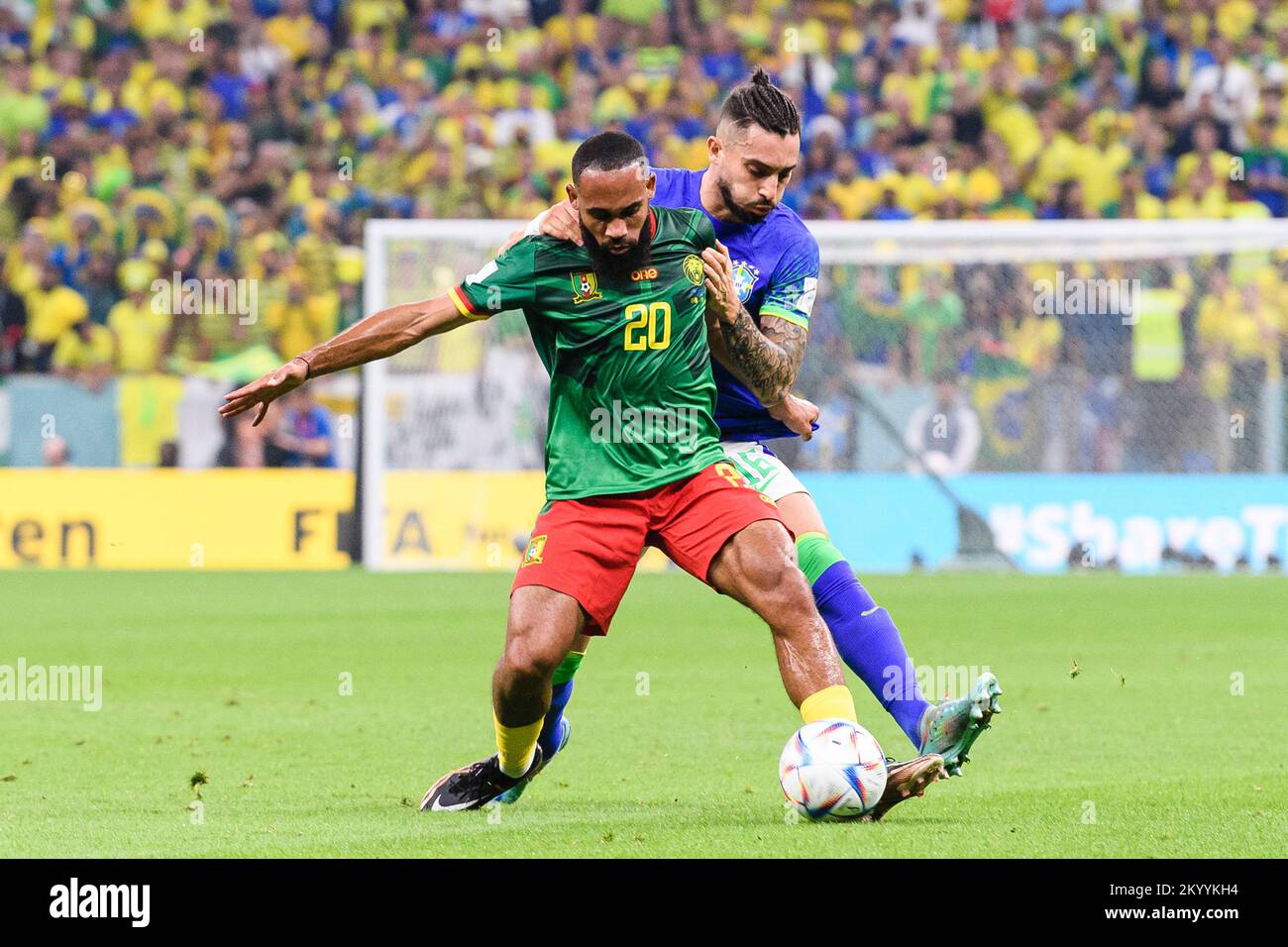 Lusail, Qatar. 02nd Dec, 2022. Estadio Nacional de Lusail Bryan Mbeumo of Cameroon and Alex Telles of Brazil during a match between Cameroon and Brazil, valid for the group stage of the World Cup, held at the Estadio Nacional de Lusail in Lusail, Qatar. (Marcio Machado/SPP) Credit: SPP Sport Press Photo. /Alamy Live News Stock Photo