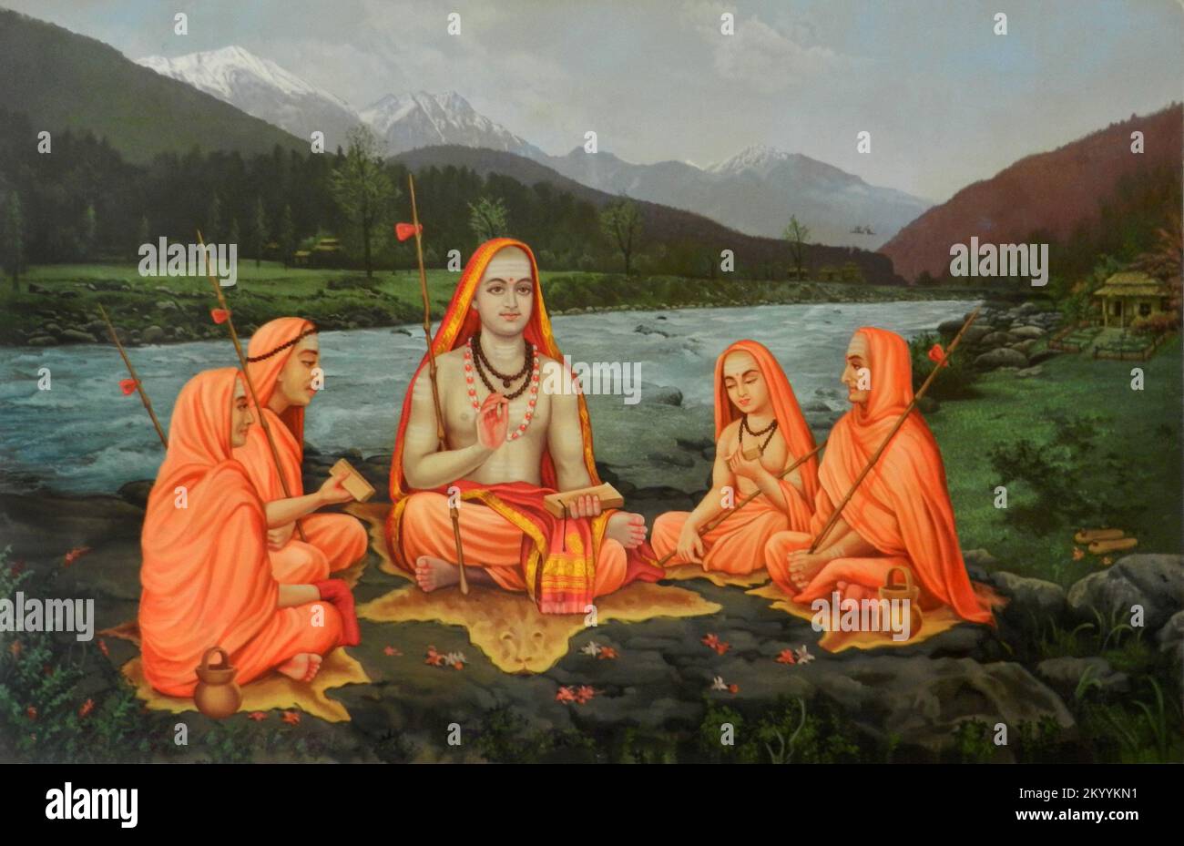 Adi Shankara (788-820 CE) or  Adi Shankaracharya founder of Advaita Vedanta, with disciples, artist unkown Stock Photo