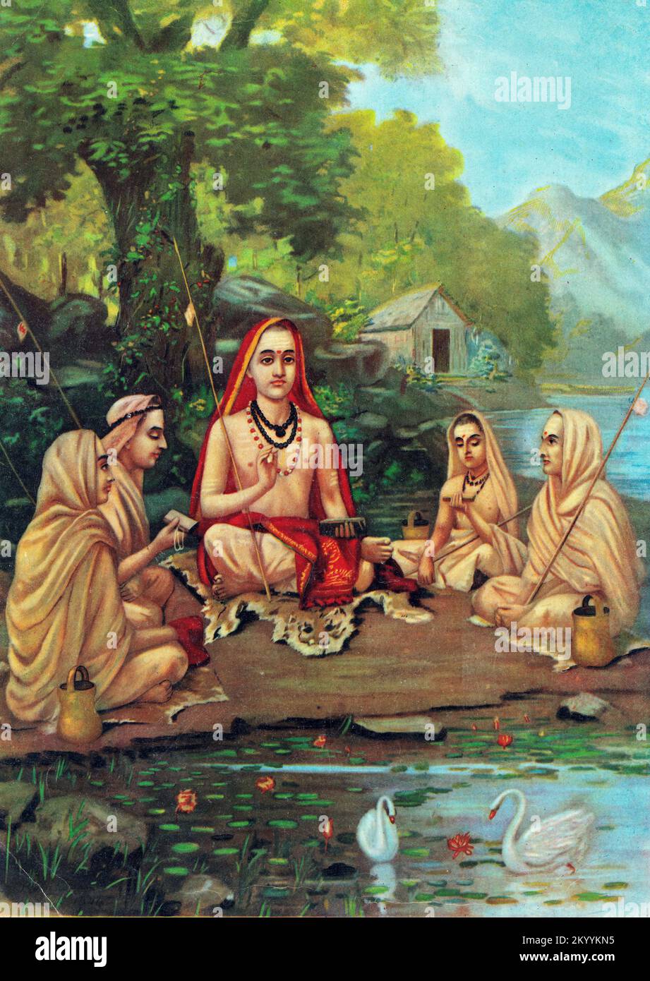 Adi Shankara (788-820 CE) or Adi Shankaracharya, founder of Advaita Vedanta, with disciples, by Raja Ravi Varma (1904) Stock Photo