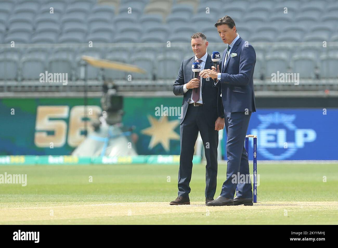 Perth, Australia. 03rd Dec, 2022. 3rd December 2022, Optus Stadium, Perth, Australia: International Test Cricket Australia versus West Indies 1st Test Day 4; Former Australian players Michael Hussey and brendon Julian commentating for Fox Sports on the match pitch Credit: Action Plus Sports Images/Alamy Live News Stock Photo