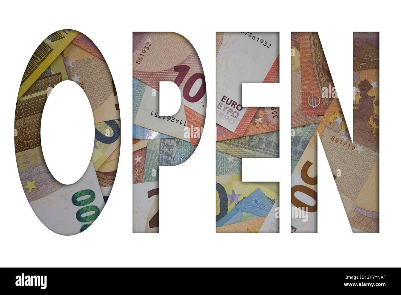 Open word with money. Paper currency background with different banknotes. Stock Photo