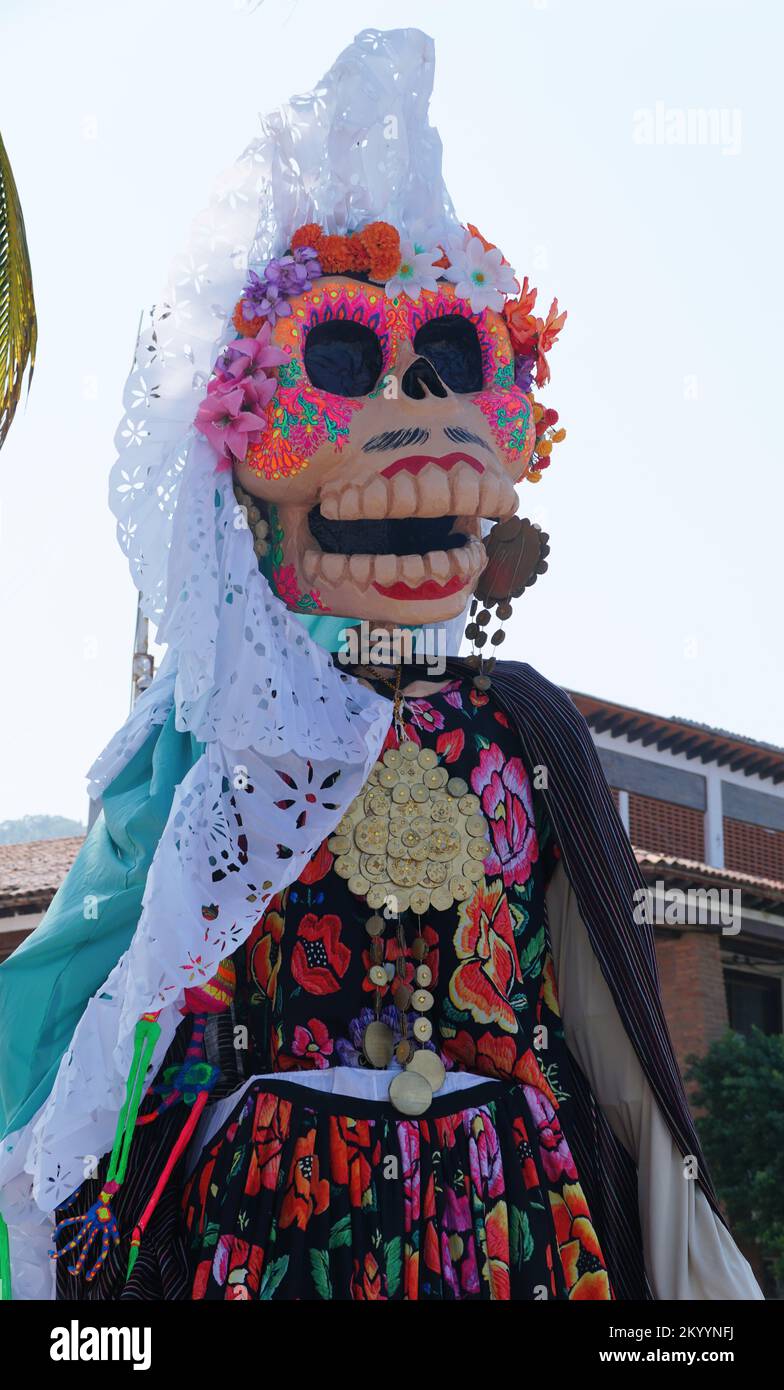 Puerto Vallarta, Mexico - November 9, 2022 - The head of the shrine with colorful hairpiece in display for the Day of the Dead Stock Photo