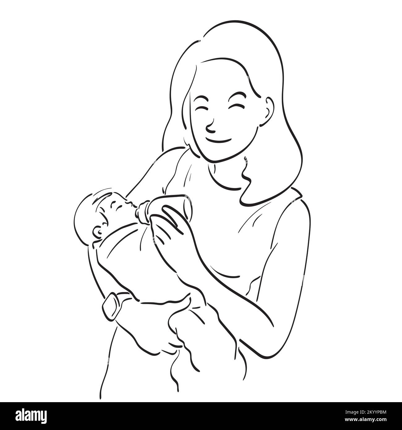 line art mother holding and feeding baby from milk bottle illustration vector hand drawn isolated on white background Stock Vector