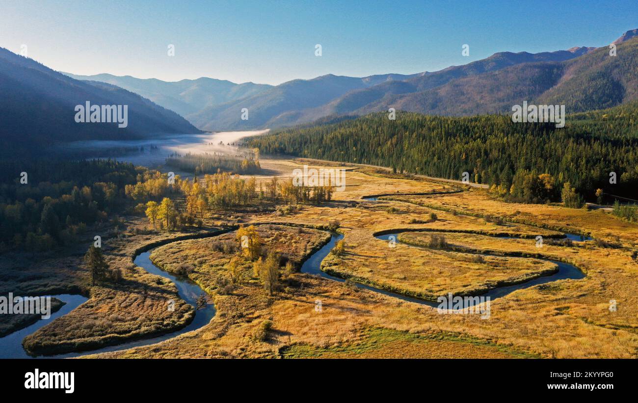 Aerial view of the Bull River and Mountains in fall. Sanders