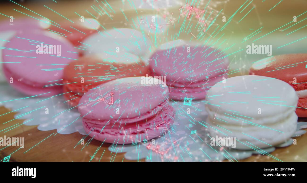 Blue QR code with a red floating web of connections over pink