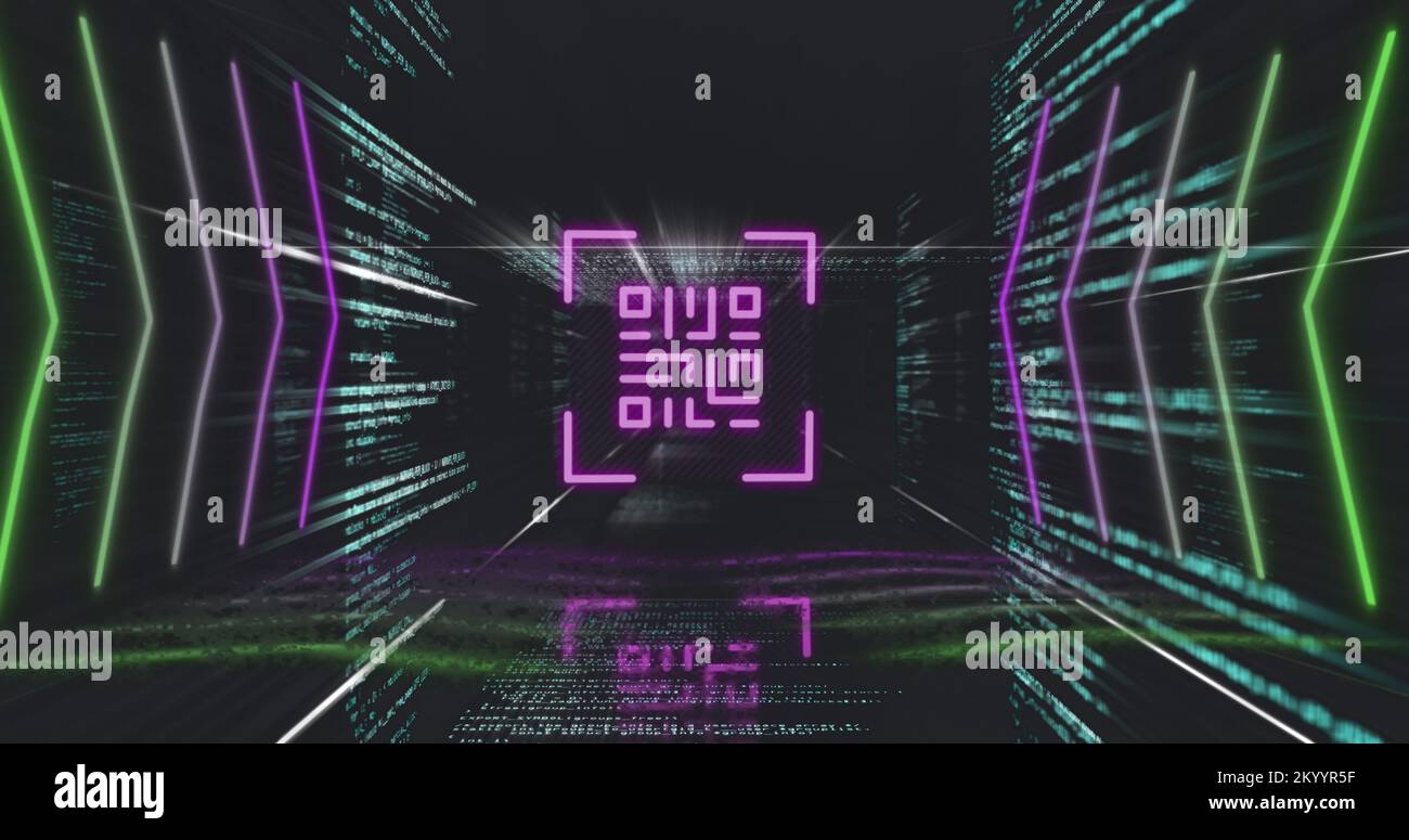 QR code scanner with neon elements against data processing Stock Photo