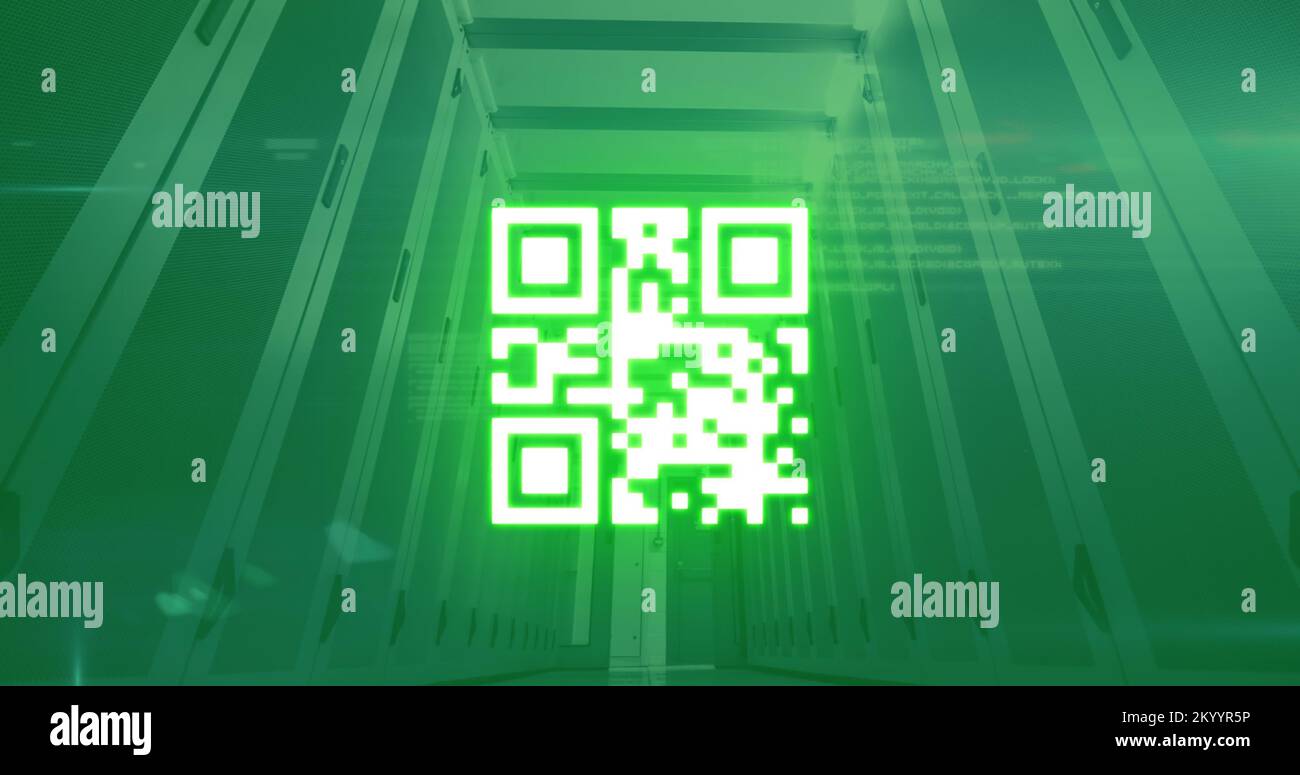 QR code scanner against data processing over empty server room Stock ...