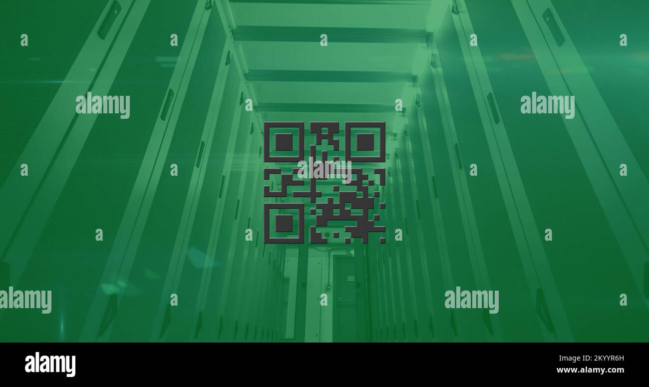QR code scanner against data processing over empty server room Stock ...
