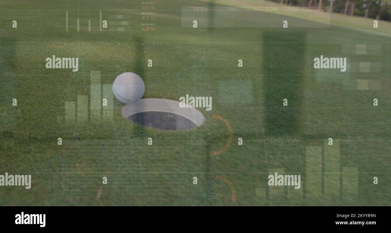 Image of statistics and data processing over legs of male golf player