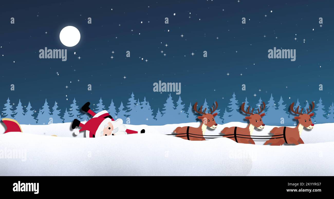 Image of snow falling over santa claus in sleigh with reindeer and winter landscape at christmas Stock Photo