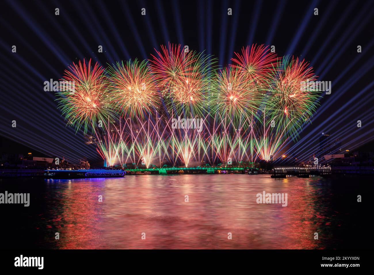Beautiful fireworks and iconic Bangkok landmarks are illuminated by ...