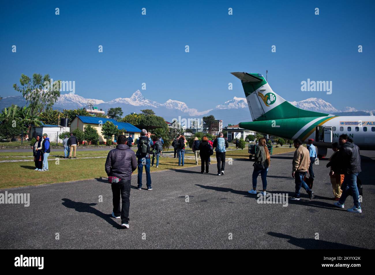 Scenic view of Himalaya mountains from the airport in Pokhara, Nepal Stock Photo