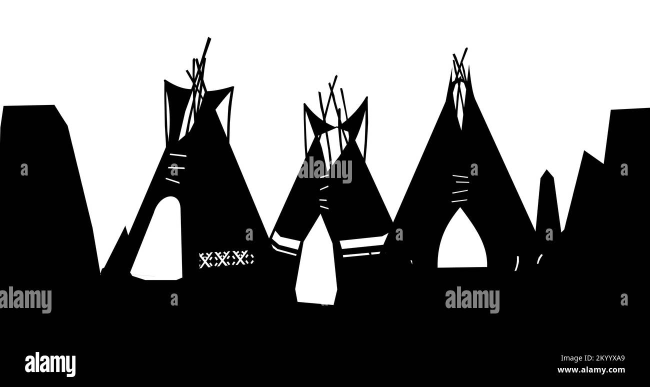 Silhouettes Indians wigwam hut made of felt and skins. Village among stones of cliffs. North American tribal dwelling. Traditional home of nomadic Stock Vector