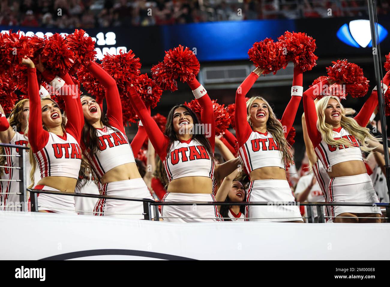 Las Vegas, NV, USA. 2nd Dec, 2022. Utah Utes cheerleaders celebrate a