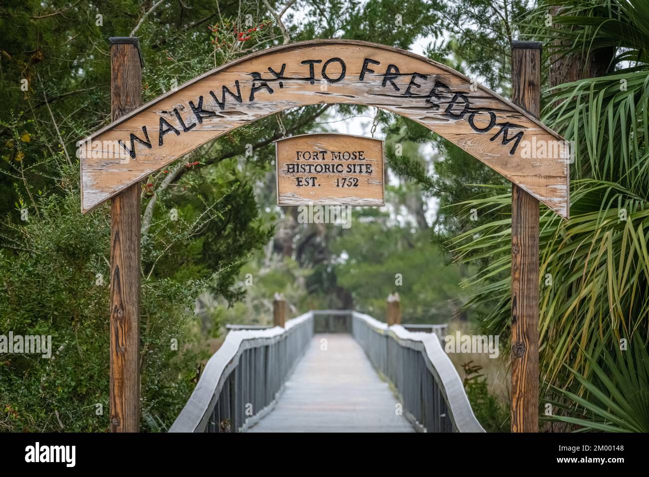 Walkway to Freedom at Fort Mose Historic State Park in St. Augustine, FL, site of America's 18th century free black settlement for escaped slaves. Stock Photo