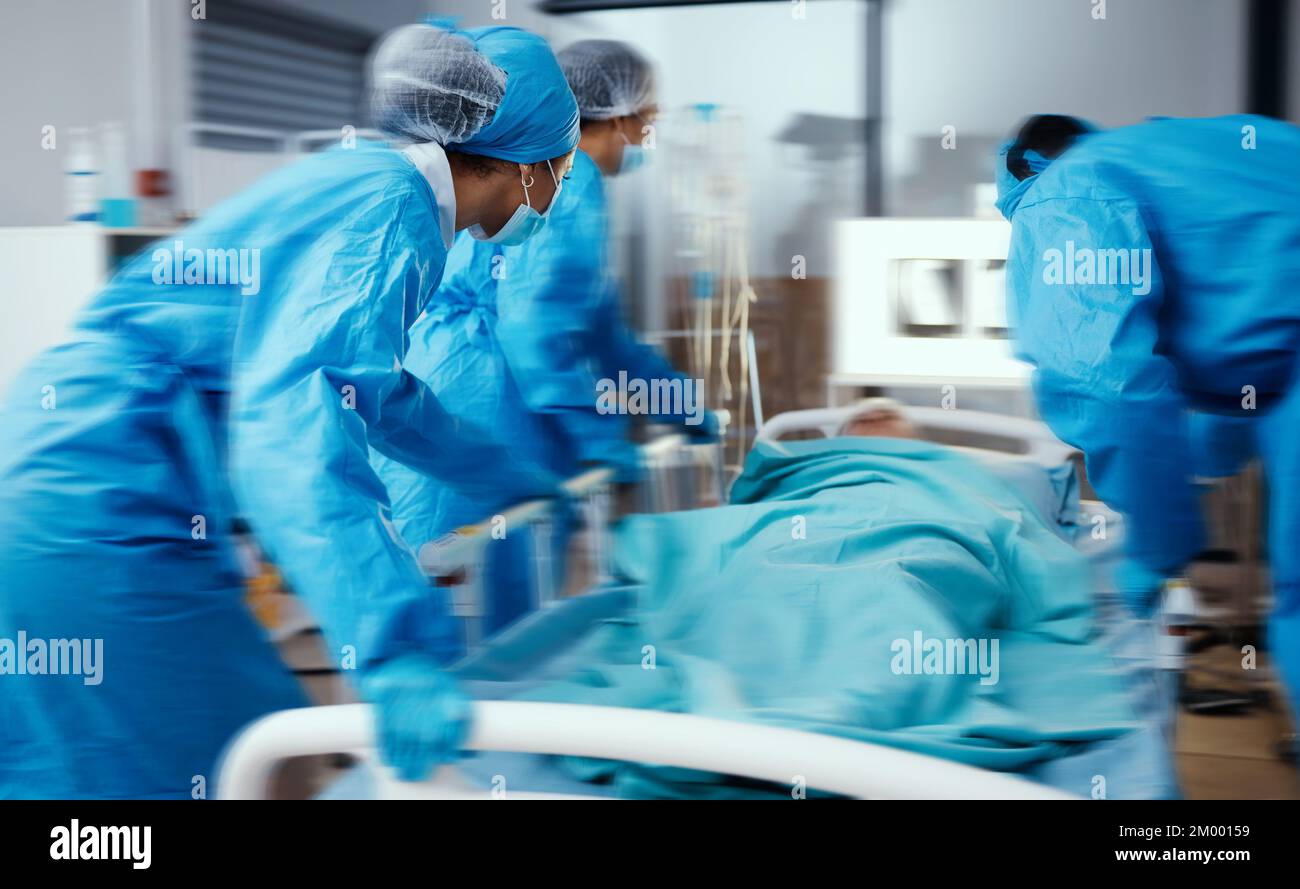 Women, man and hospital bed in motion blur of emergency surgery