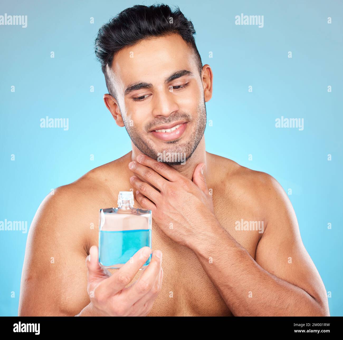 After shave, skincare product and man happy about beauty cleaning, skin