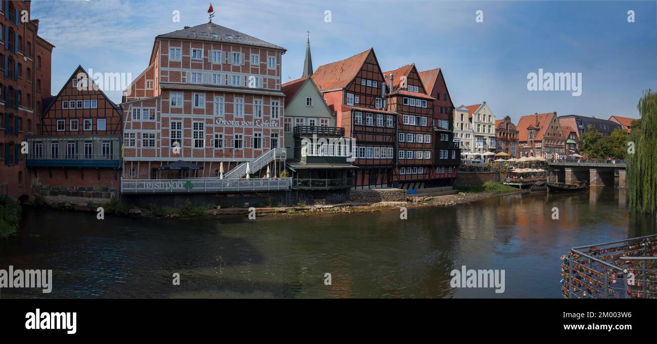 Historic half-timbered houses on the former harbour of the Ilmenau, Lüneburg, Lower Saxony, Germany, Europe Stock Photo