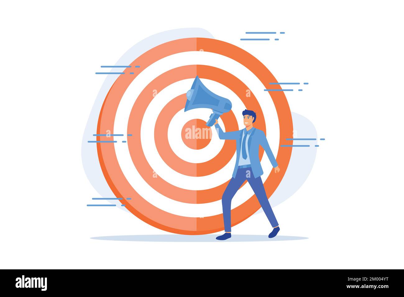 Targeted advertisement campaign. Promotional announcement, customers attraction, promo.Marketer shouting in loudspeaker flat male character. flat vect Stock Vector