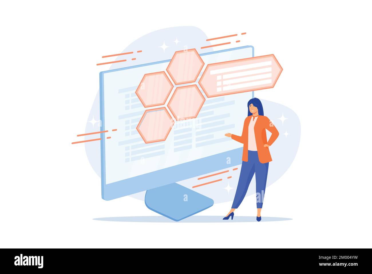 Web development and coding. IT, website optimization, computer software testing. Programmer and developer working female flat character. flat vector i Stock Vector
