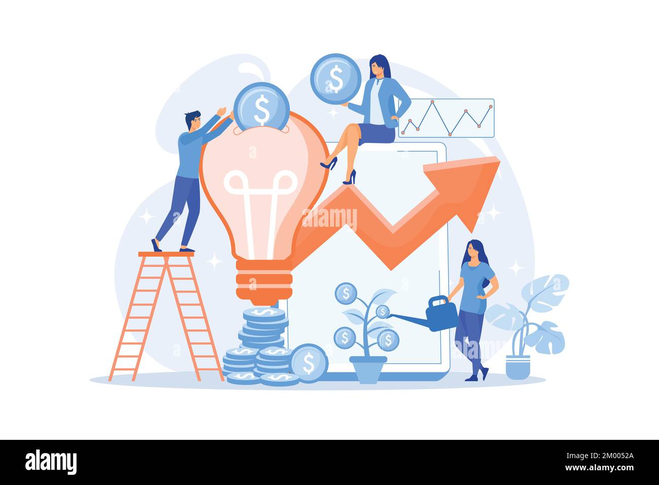 Tiny business people investing into innovation with high potential. Venture capital, venture