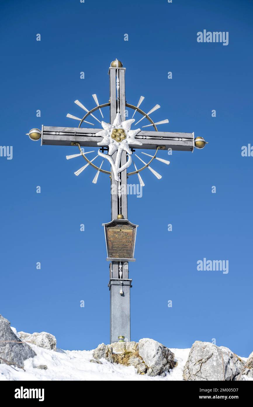 Summit cross with edelweiss, Sonntagshorn, Chiemgau Alps, Bavaria, Germany, Europe Stock Photo
