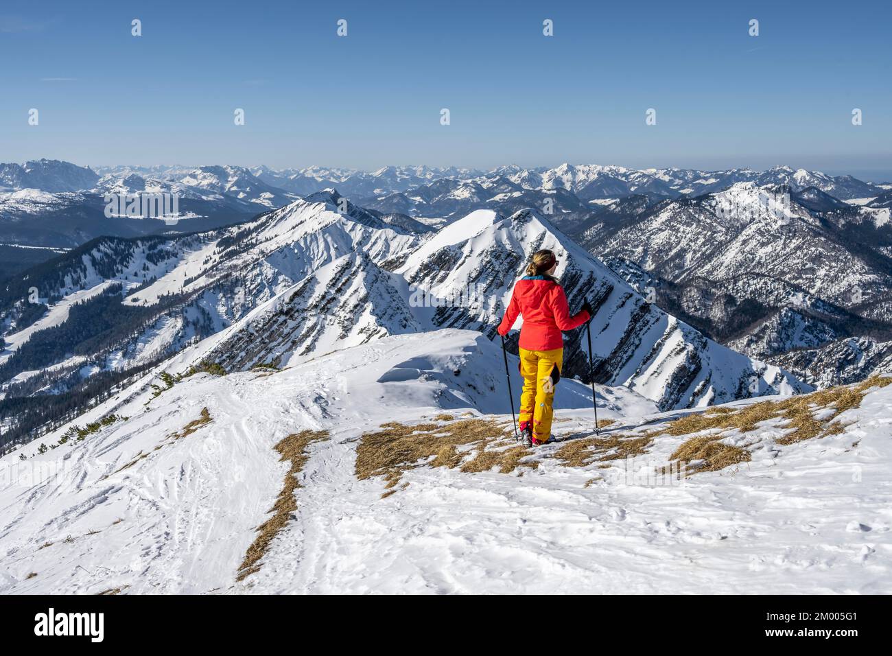 Ski tourers at the summit, mountains in winter, Sonntagshorn, Chiemgau Alps, Bavaria, Germany, Europe Stock Photo
